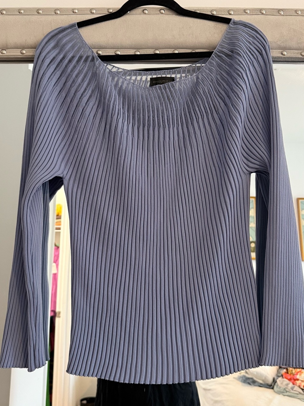 Donna Karan Ribbed Illusion Boat neck Sweater Slate Blue Grey